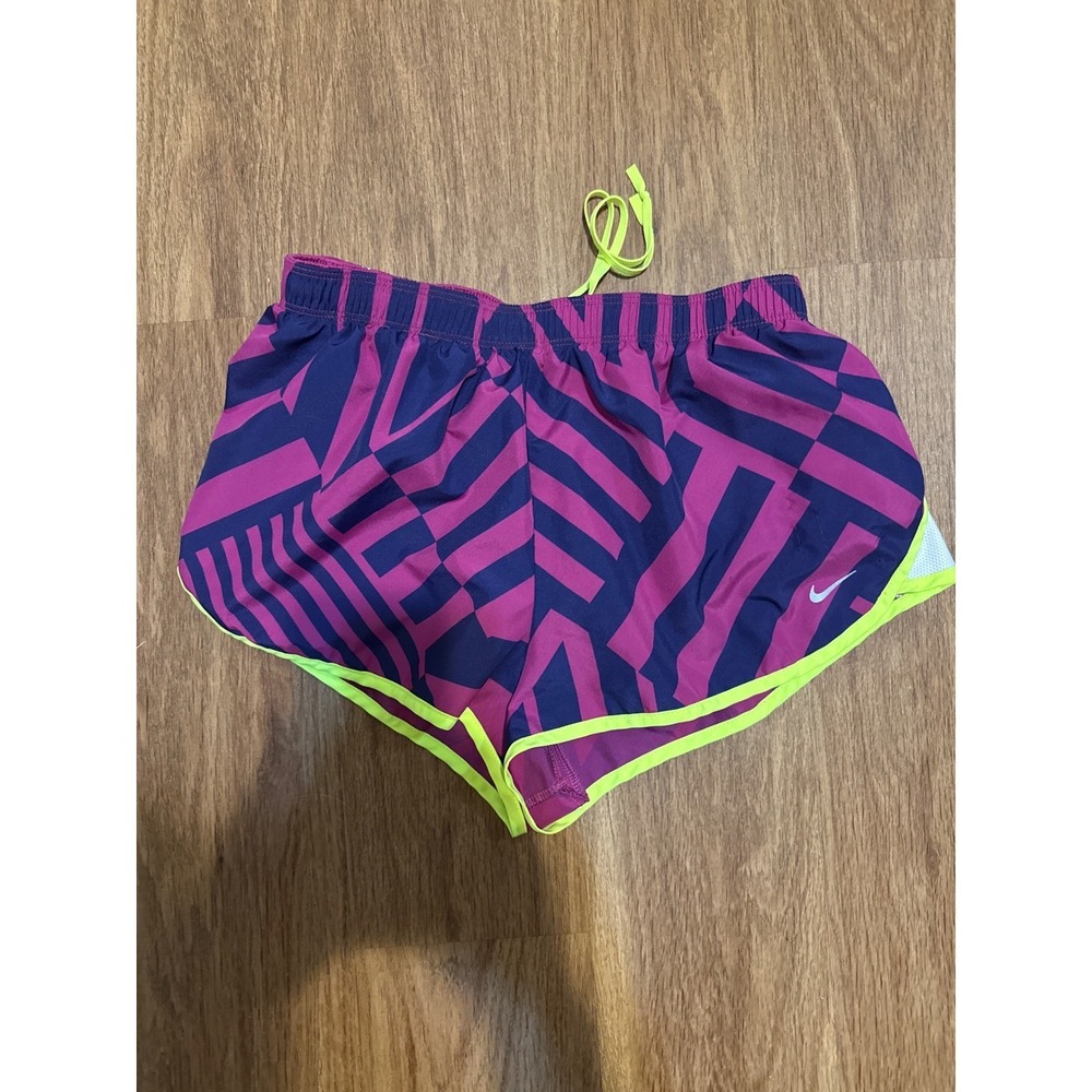 Nike Dri-FIT Womens Running Shorts Medium Pink Navy Geometric Neon Yellow Trim